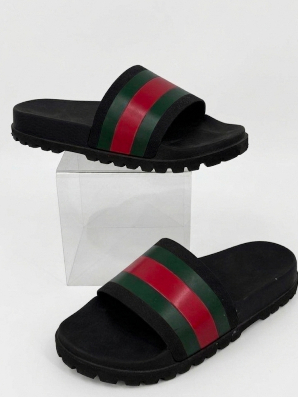 Men’s Gucci Web Rubber Pool Slides - Size 11/12 - Black/Green/Red